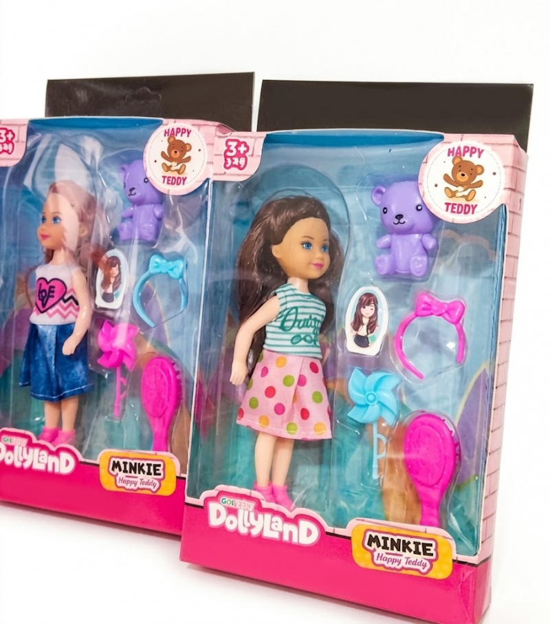 Toptan DollyLand Minkie Happy Teddy - Aksesuarlı Mini Oyuncak Bebek ve Ayıcık Seti