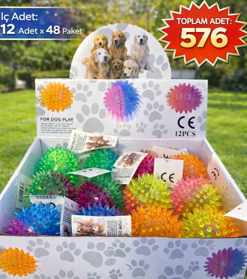 Toptan 12'li Paket Işıklı ve Dikenli Kirpi Top Seti - Renkli Köpek ve Stres Oyuncağı