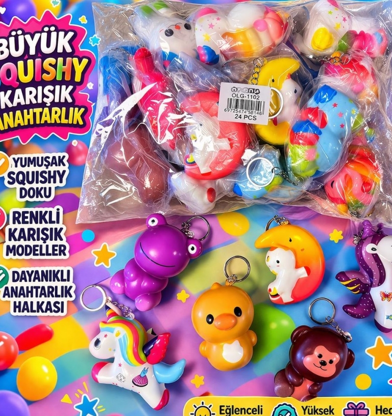 Toptan Büyük Boy Squishy Anahtarlık Paketi - 24'lü Karışık Hayvan ve Unicorn Figürlü Stres Oyuncağı