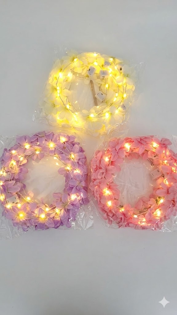 Toptan Led Işıklı Çiçekli Taç Seti (Pembe, Mor, Beyaz)