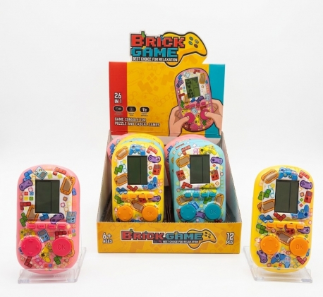 Toptan Brick Game 26 in 1 Renkli Desenli Nostaljik Tetris El Atarisi – Standlı 12'li Kutulu Çocuk Oyun Konsolu
