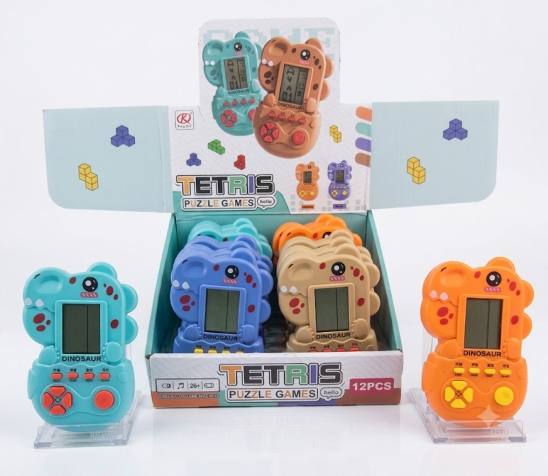 Toptan Dinazor Tasarımlı Nostaljik Tetris El Atarisi – Standlı 12'li Kutulu Çocuk Oyun Konsolu