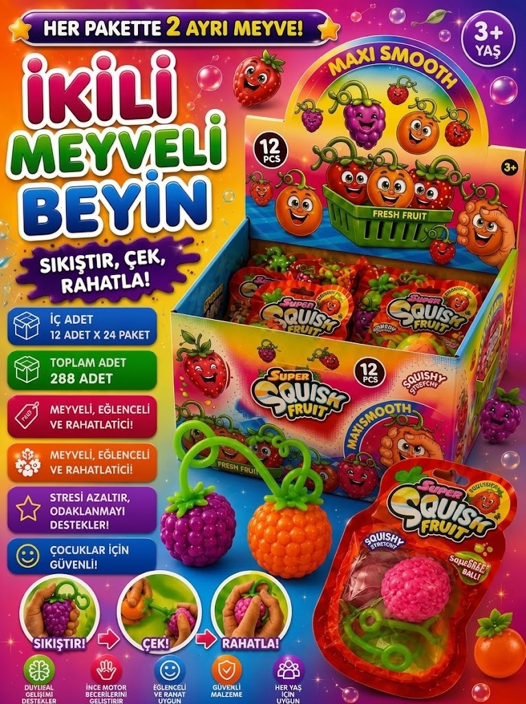 Toptan İkili Meyveli Beyin Squishy Stres Oyuncağı - Sıkıştır Çek Rahatla Meyve Figürlü Oyuncak (2'li Paket)